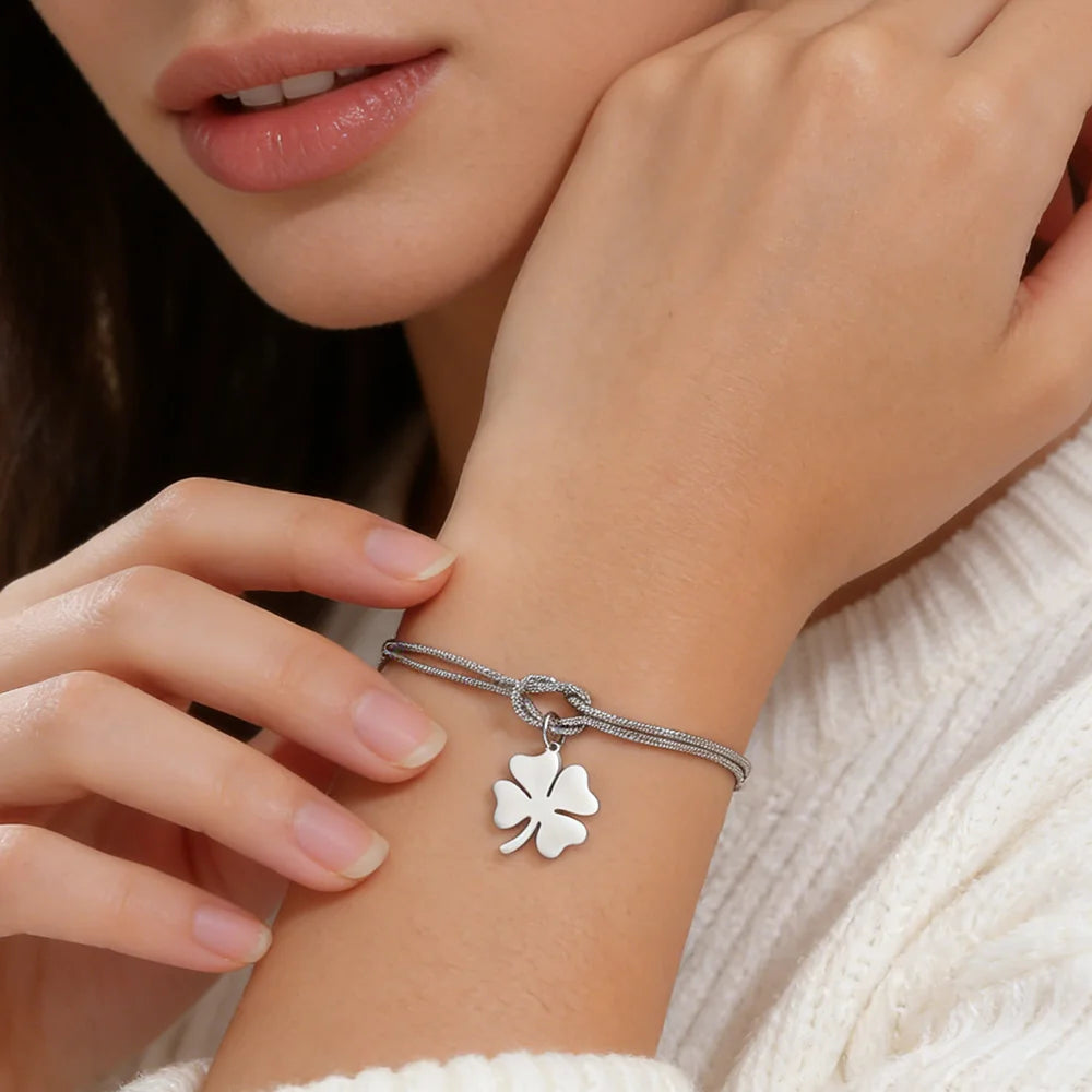 The "Aura Clover" Stainless Steel Bracelet – Lucky Four-Leaf Charm Snake Chain