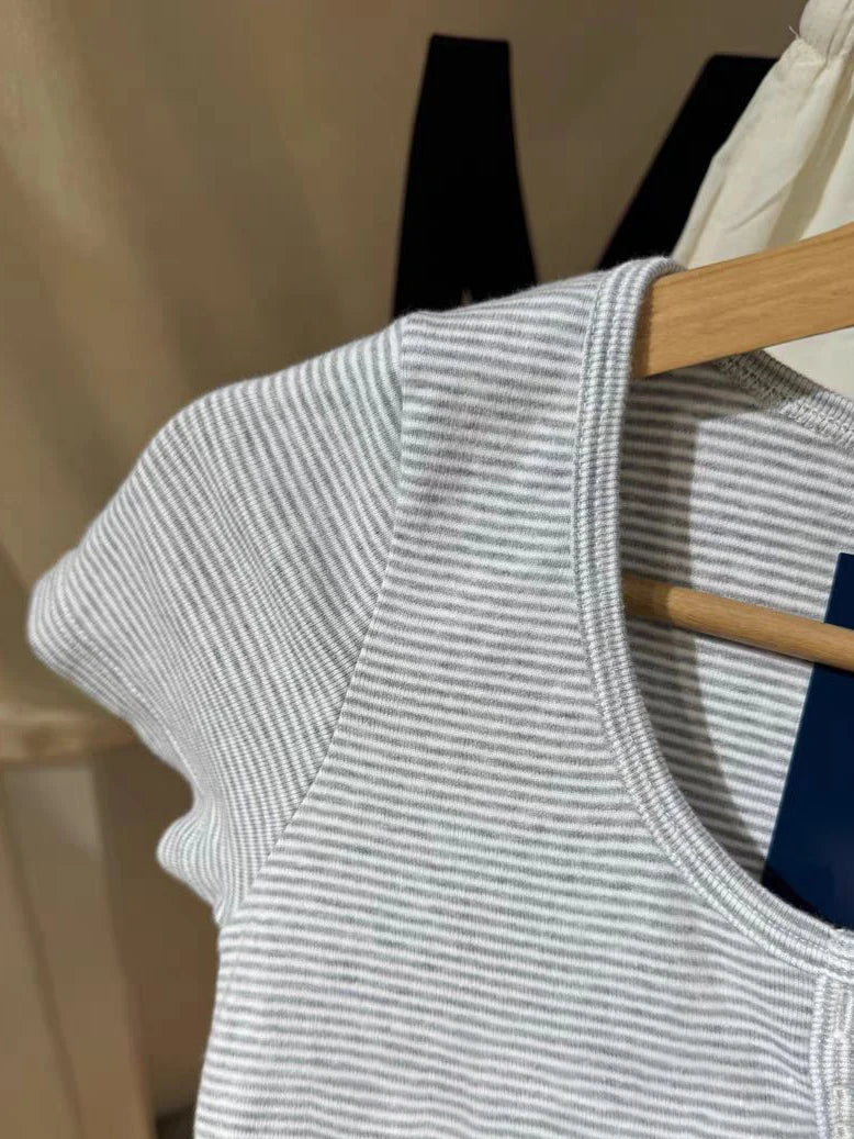Brooklyn Retro Striped Crop Top – Y2K Ribbed Button Henley Tee