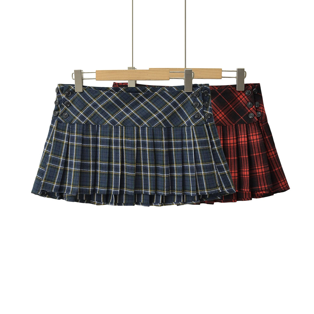 Blair Preppy Pleated Skirt – Y2K Red Plaid Side-Button Mini Skirt