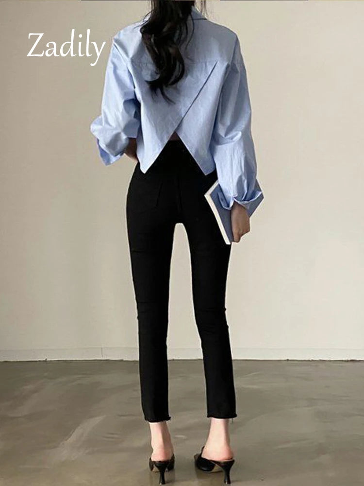 Women's Classic Long Sleeve Button-Down Shirt - Versatile Split-Hem Crop Top for Everyday Style