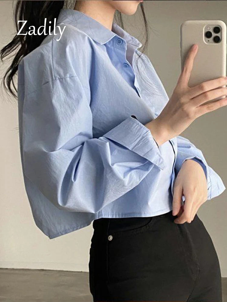 Women's Classic Long Sleeve Button-Down Shirt - Versatile Split-Hem Crop Top for Everyday Style