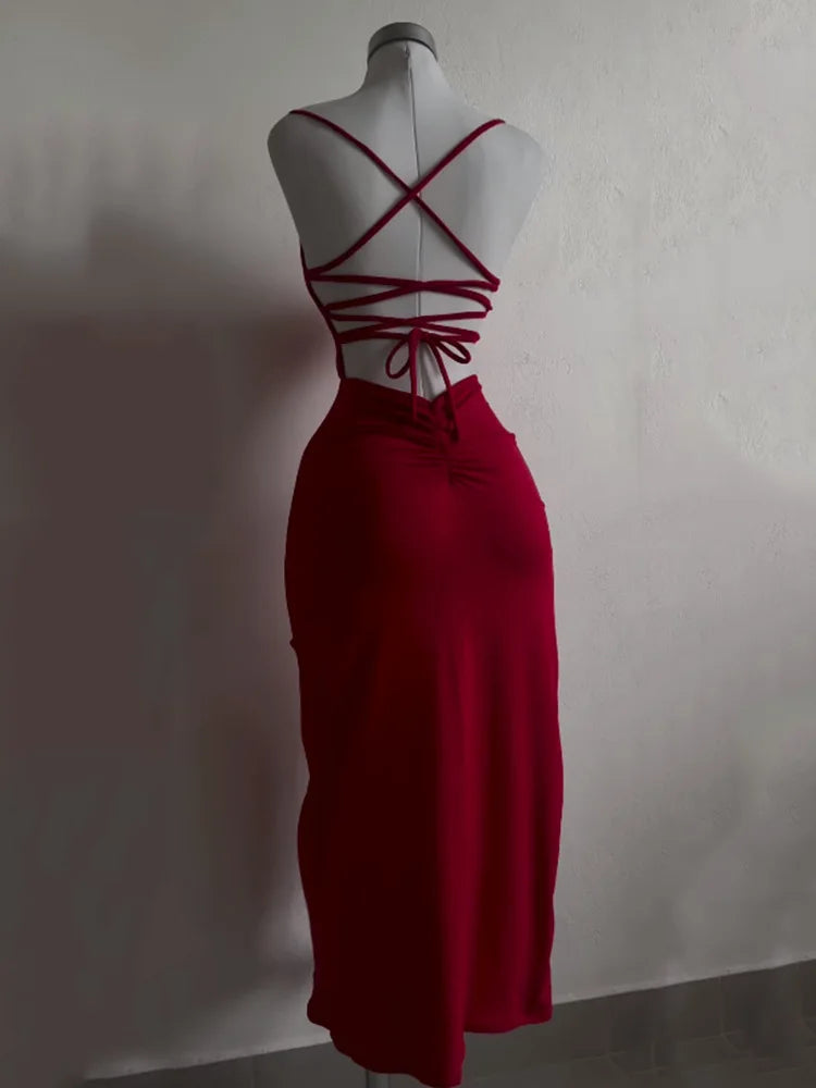 The "Aura Siren" Backless Maxi Dress – Sexy Lace-Up Split Bodycon Gown