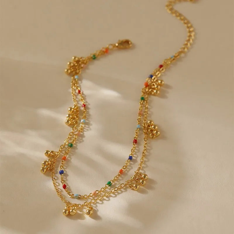 Boho Double Layer Beaded Anklet - 18K Gold Plated Minimalist Summer Foot Chain