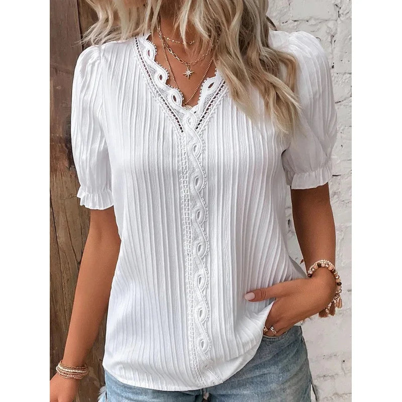 Lace Trim V-Neck Chiffon Blouse