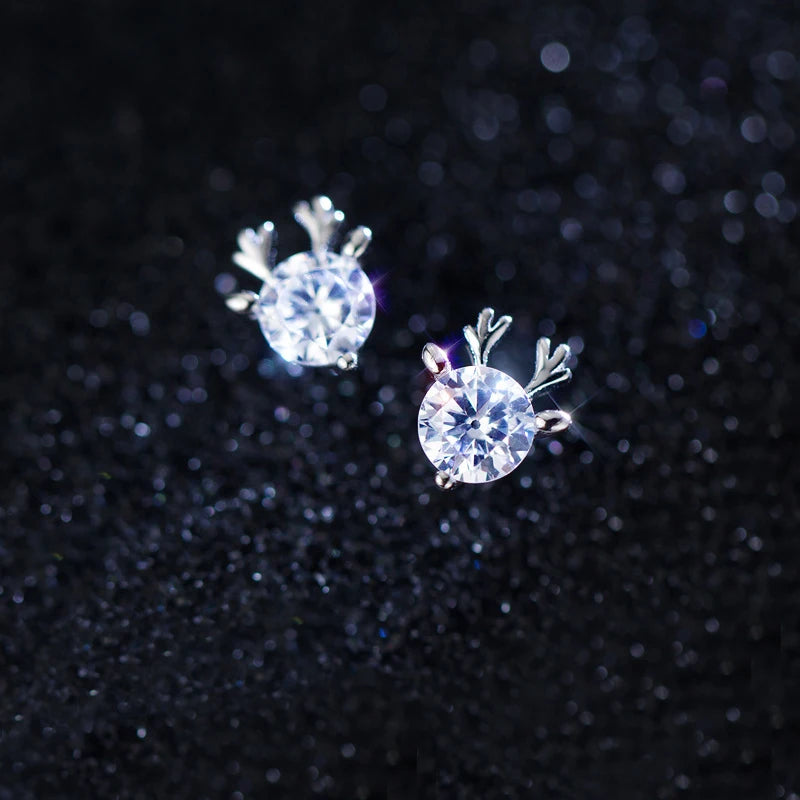 925 Sterling Silver Reindeer Crystal Stud Earrings