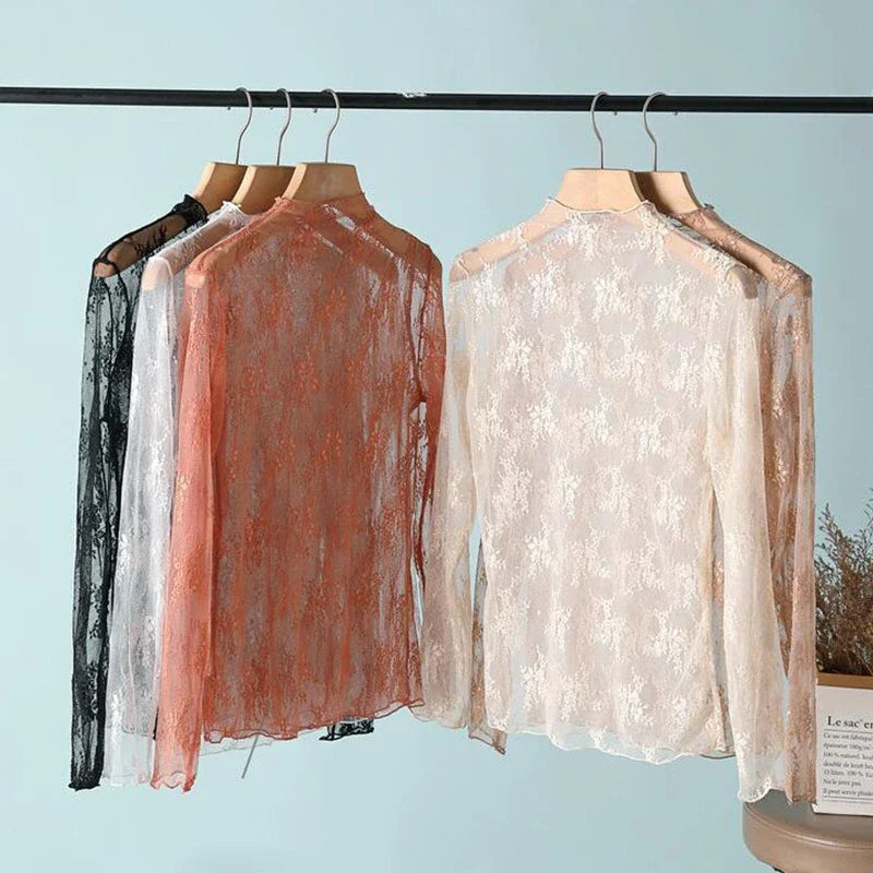 The "Aura Dahlia" Mesh Lace Top – Elegant Floral Mock Neck Bottoming Blouse