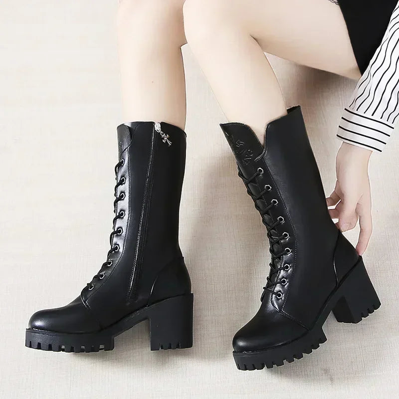Lace-Up Platform Boots - Chunky Heel Winter Style