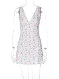 Elegant Cherry Print Draped Mini Dress