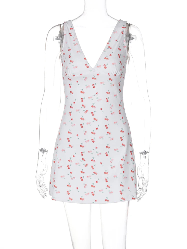 Elegant Cherry Print Draped Mini Dress