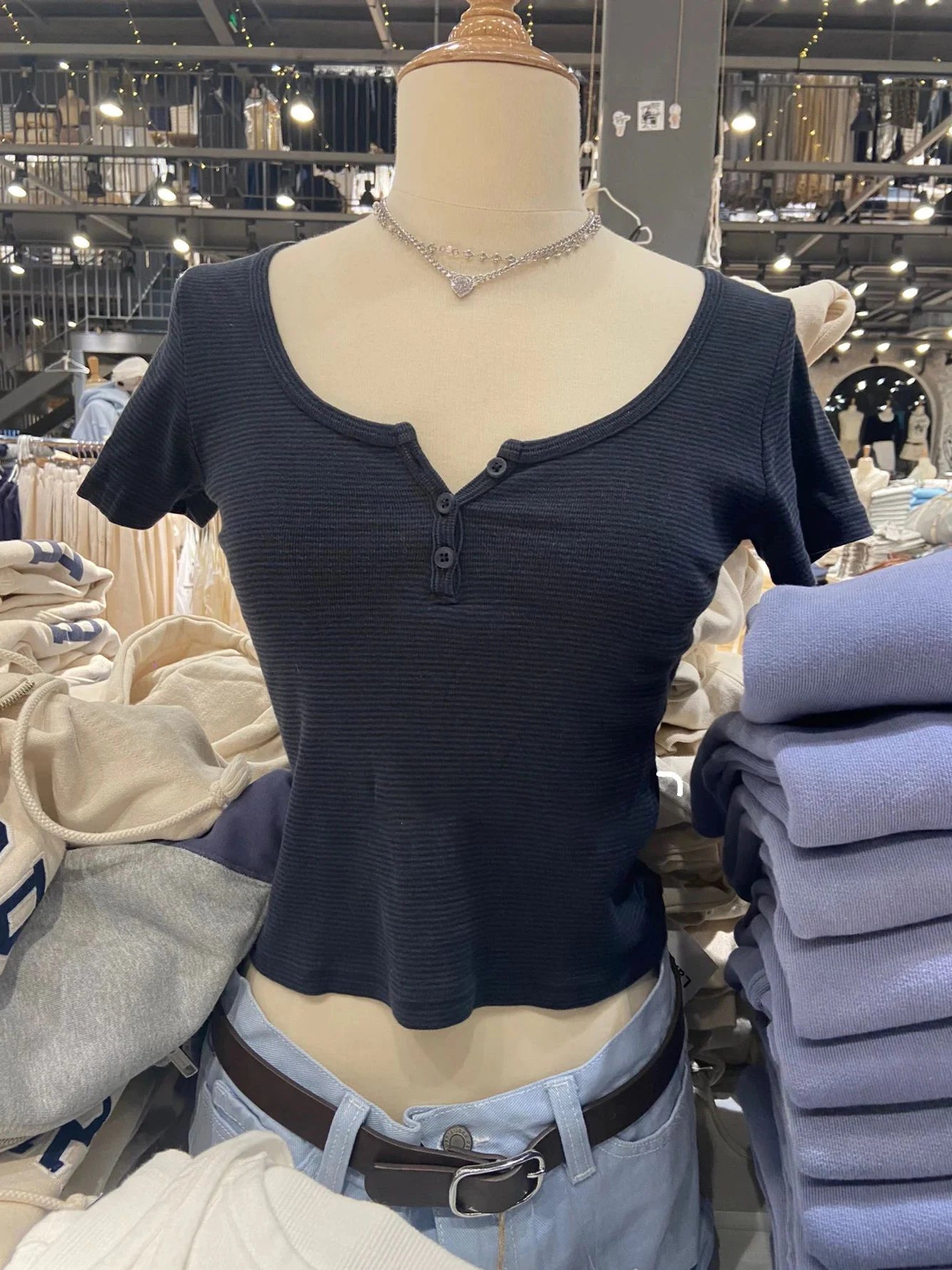 Brooklyn Retro Striped Crop Top – Y2K Ribbed Button Henley Tee
