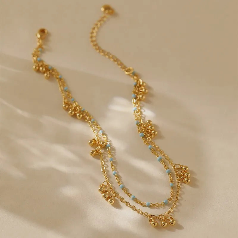 Boho Double Layer Beaded Anklet - 18K Gold Plated Minimalist Summer Foot Chain