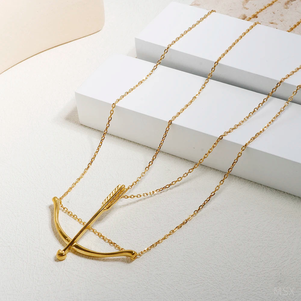 The "Aura Archer" Double Chain Necklace – Vintage Stainless Steel Bow & Arrow Pendant