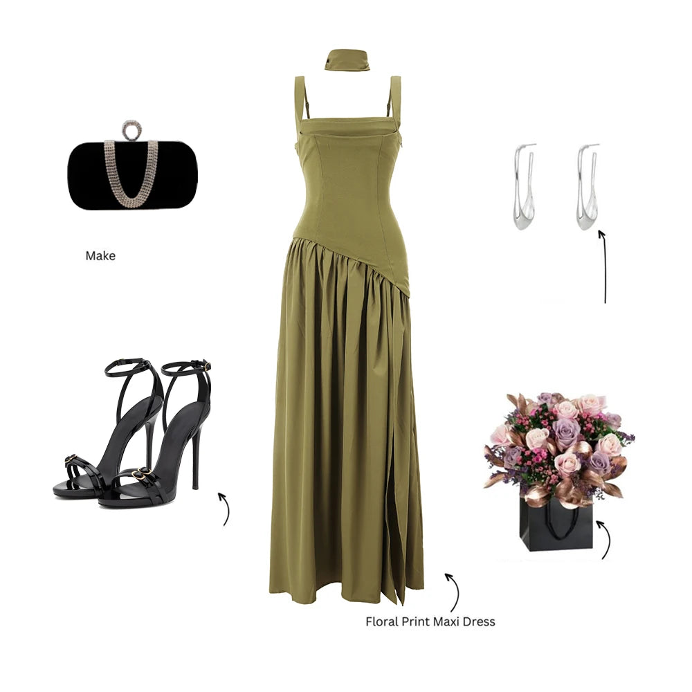 Elegant Olive Green Flowy Maxi Dress with Scarf