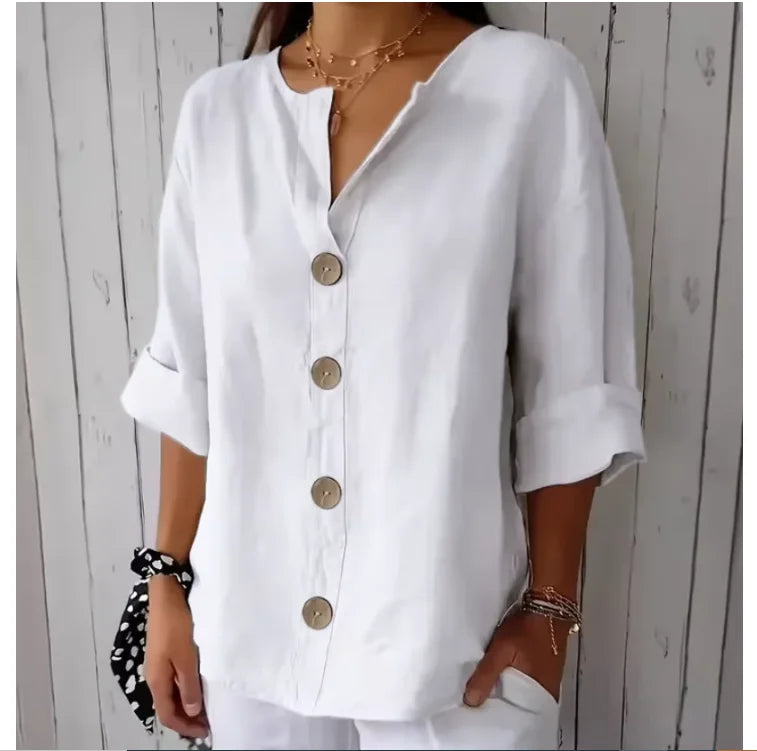 Casual Linen-Blend V-Neck Blouse - Elegant Summer Shirt