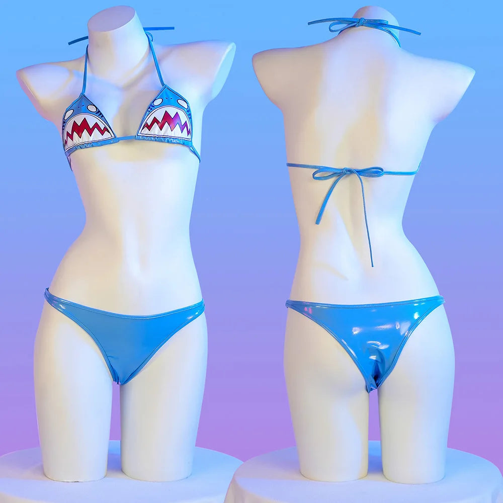 Tiburón Wet-Look Bikini Set – Edgy Shark Print Metallic Swimsuit