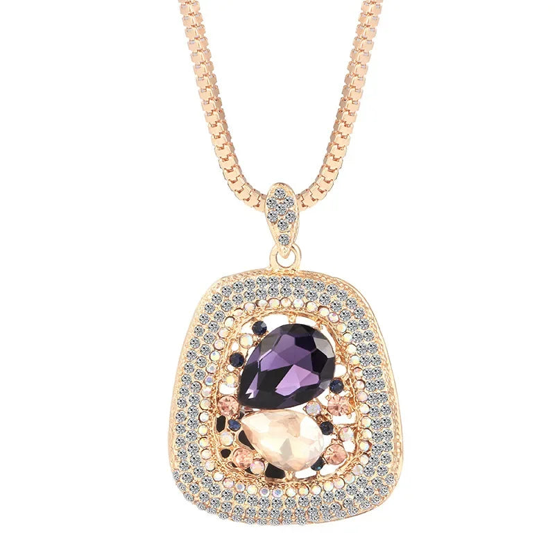 Vintage Ethnic Ocean Blue Crystal Long Pendant Necklace