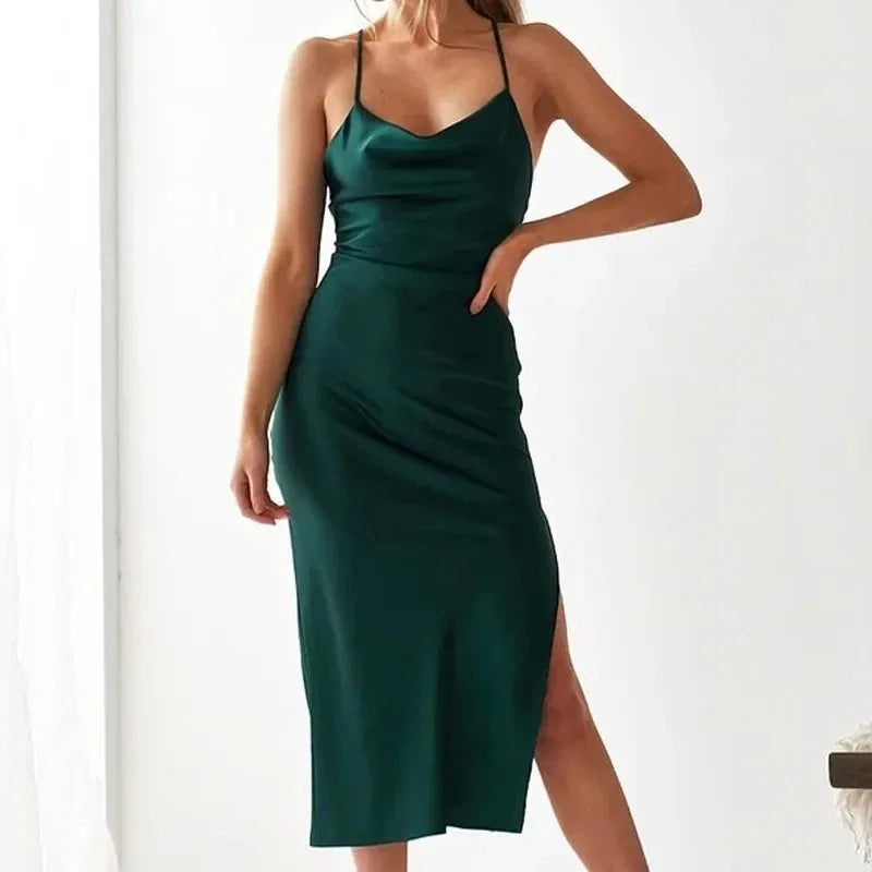 Emerald Aura Satin Maxi Dress – Elegant Backless Evening Dress