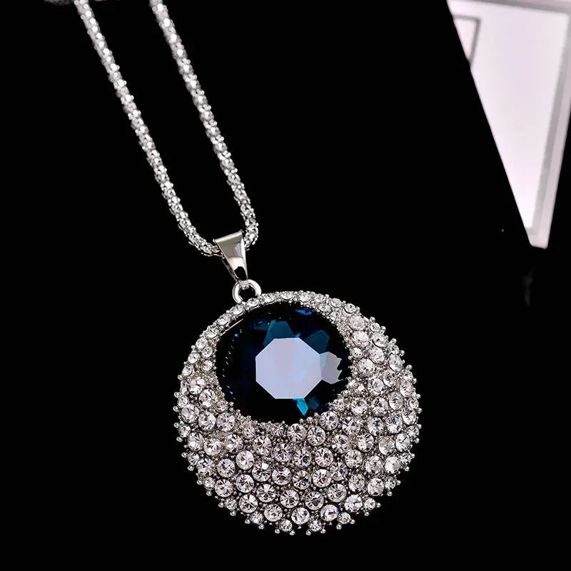 Vintage Ethnic Ocean Blue Crystal Long Pendant Necklace