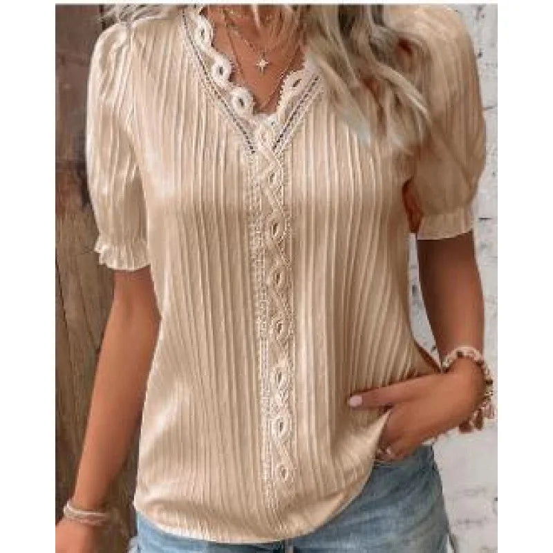 Lace Trim V-Neck Chiffon Blouse