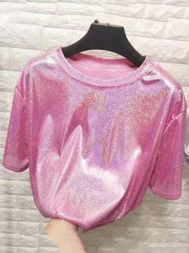 Cosmic Aura Shiny Tee – Harajuku Aesthetic Loose T-Shirt