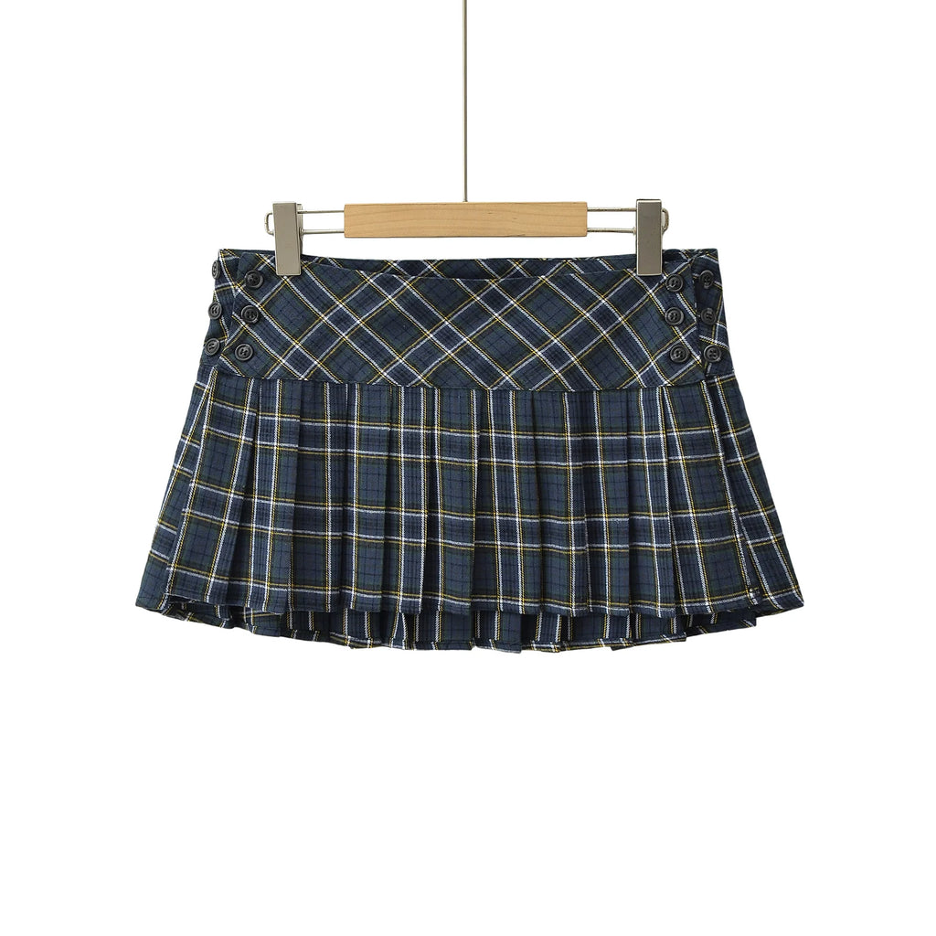 Blair Preppy Pleated Skirt – Y2K Red Plaid Side-Button Mini Skirt