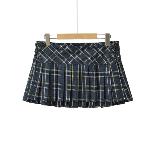 Blair Preppy Pleated Skirt – Y2K Red Plaid Side-Button Mini Skirt