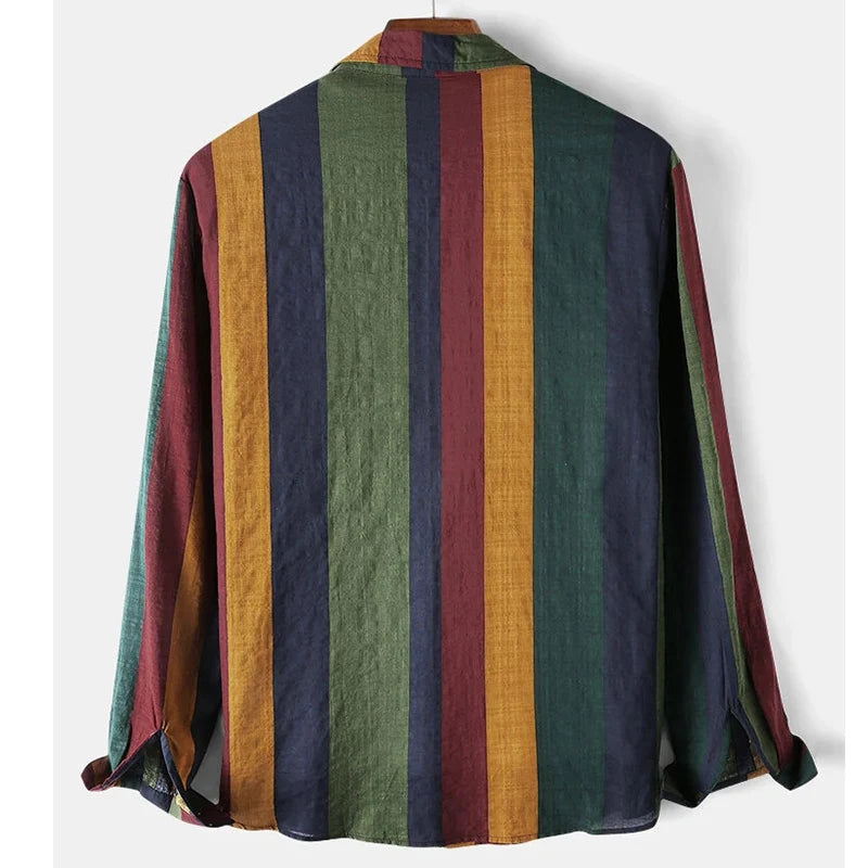 Men's Retro Vertical Striped Long Sleeve Shirt - Loose Fit Button-Down Streetwear Top