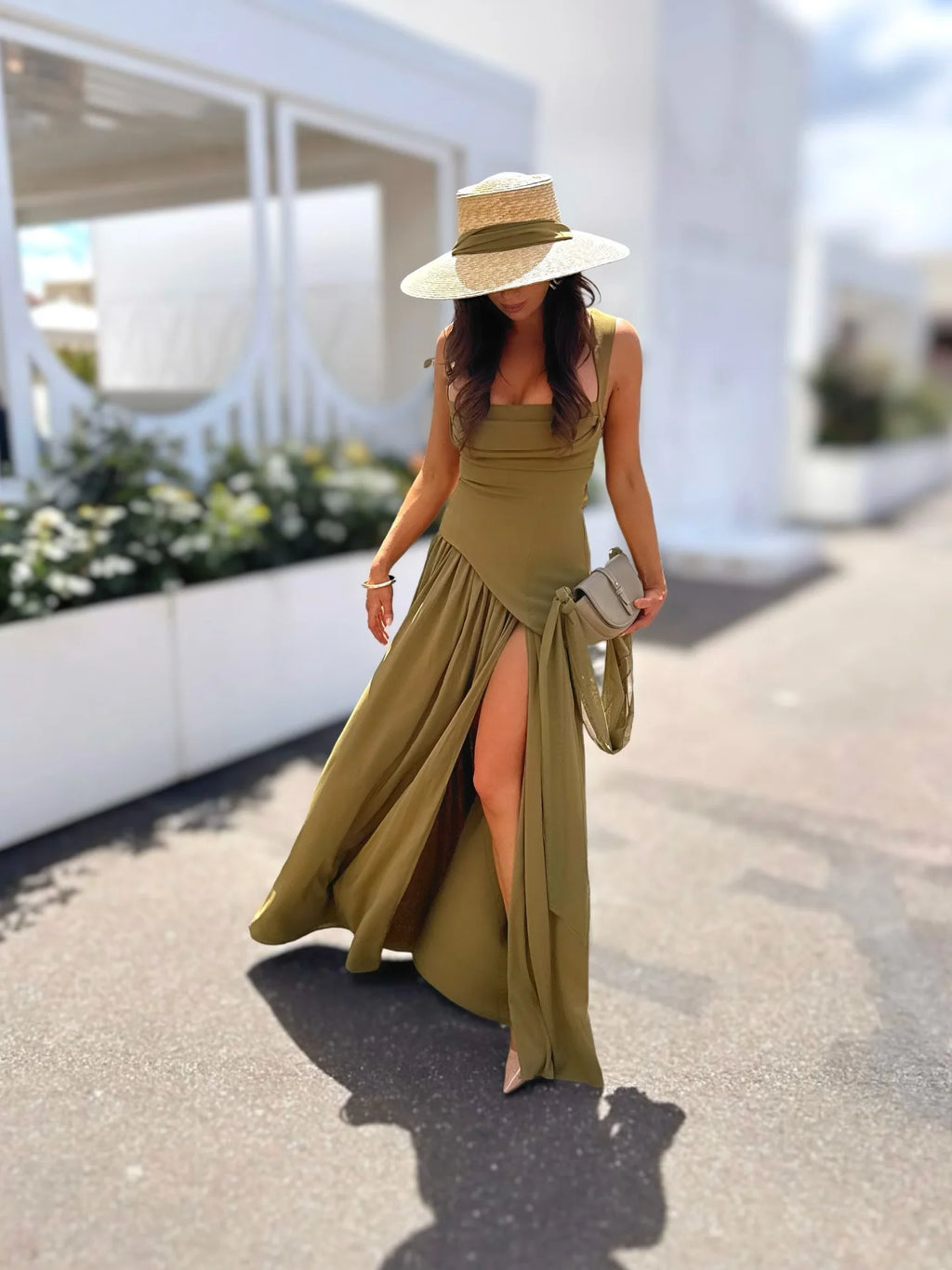 Elegant Olive Green Flowy Maxi Dress with Scarf