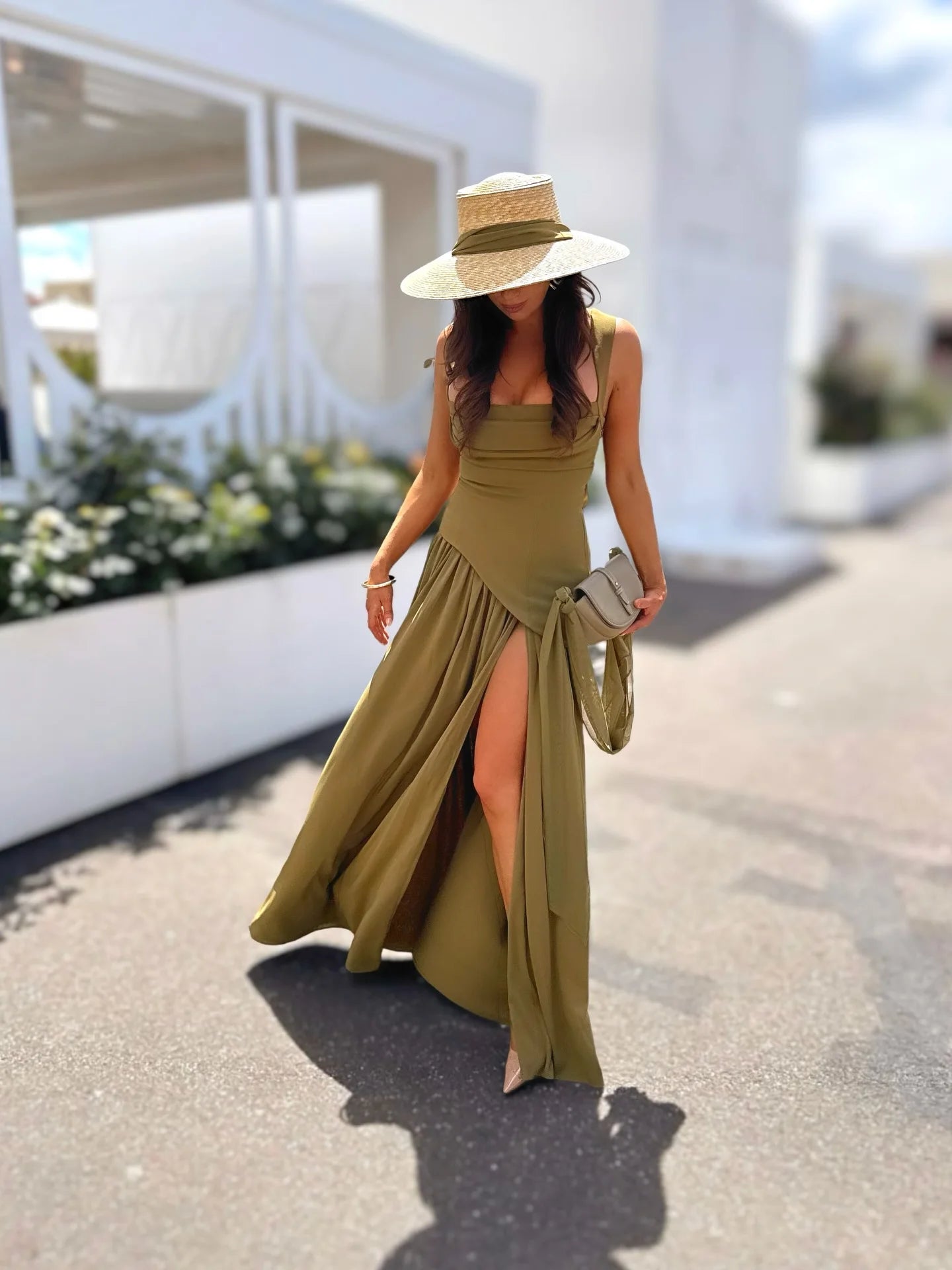 Elegant Olive Green Flowy Maxi Dress with Scarf