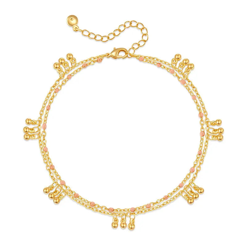 Boho Double Layer Beaded Anklet - 18K Gold Plated Minimalist Summer Foot Chain
