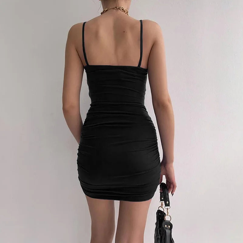 The "Aura Ruched Silhouette" Bodycon Dress – Sexy Backless Spaghetti Strap Mini Dress
