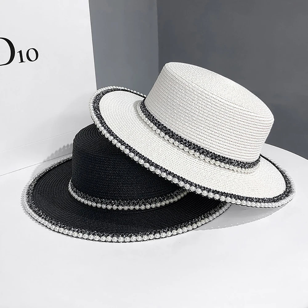 French Riviera Pearl Straw Sun Hat - Wide Brim Summer Beach Cap