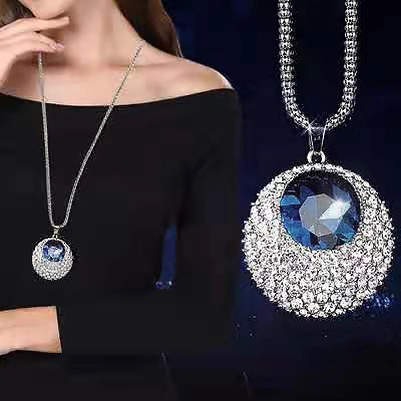 Vintage Ethnic Ocean Blue Crystal Long Pendant Necklace