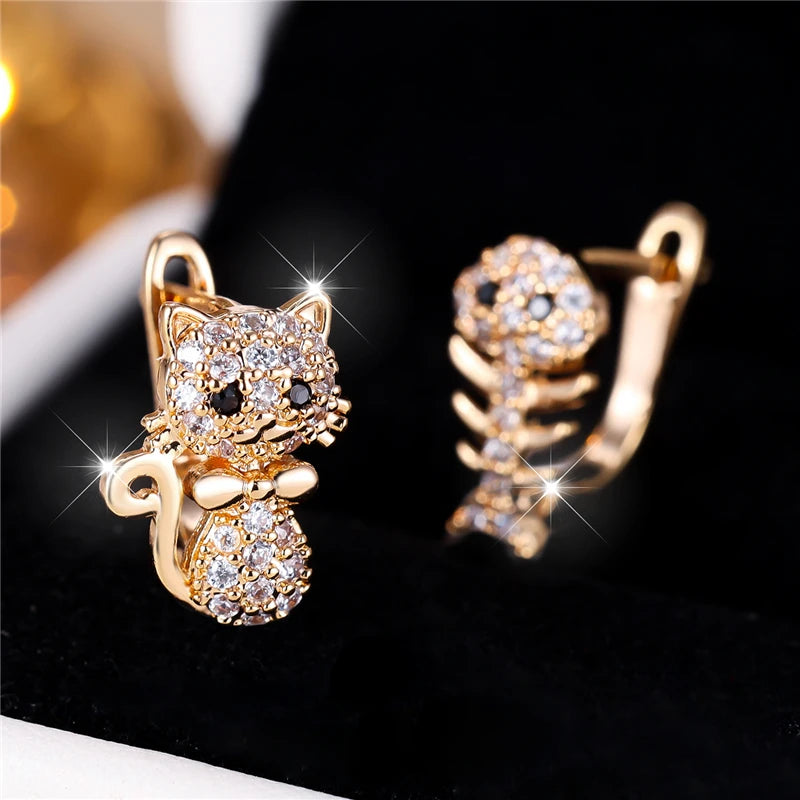 Luna Cat & Fish Zircon Hoop Earrings – Playful Gold-Plated Jewelry