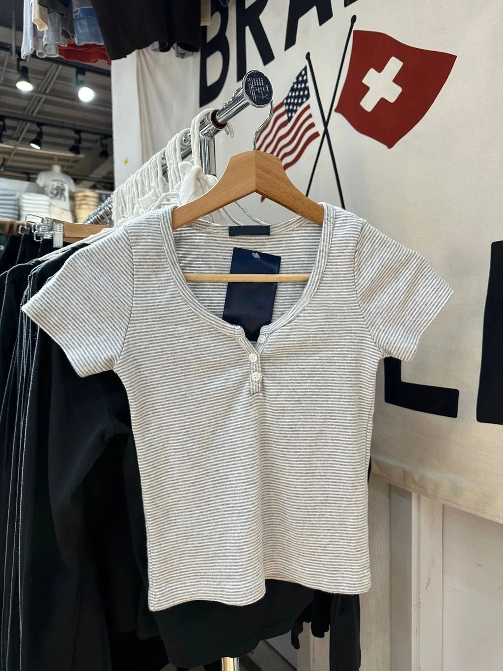 Brooklyn Retro Striped Crop Top – Y2K Ribbed Button Henley Tee