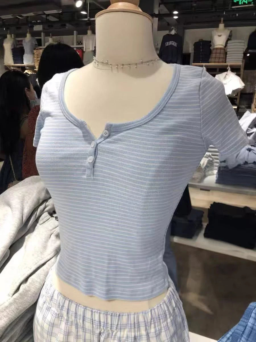 Brooklyn Retro Striped Crop Top – Y2K Ribbed Button Henley Tee