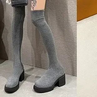 Women's Over-the-Knee Platform Boots - Elastic Stretch Winter Cowboy-Style Boots
