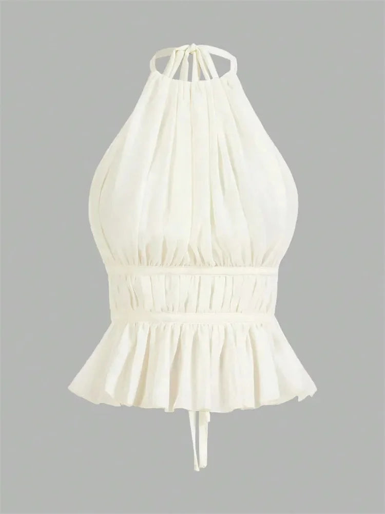 Backless Pleated Halter Top - Y2K Style