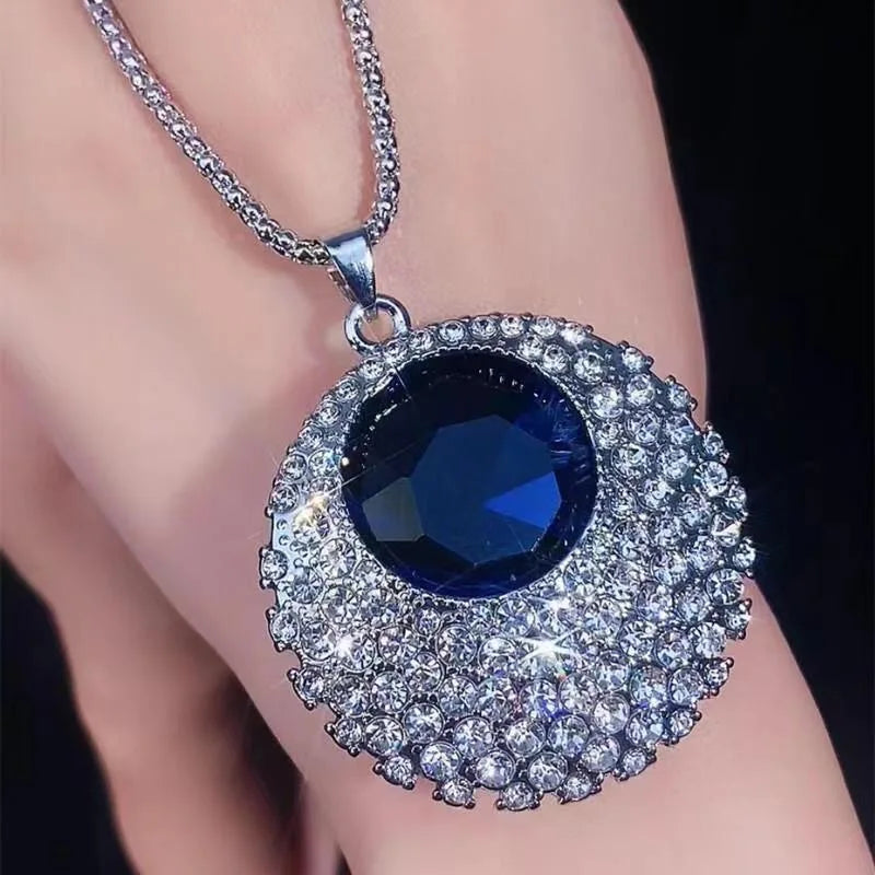 Vintage Ethnic Ocean Blue Crystal Long Pendant Necklace
