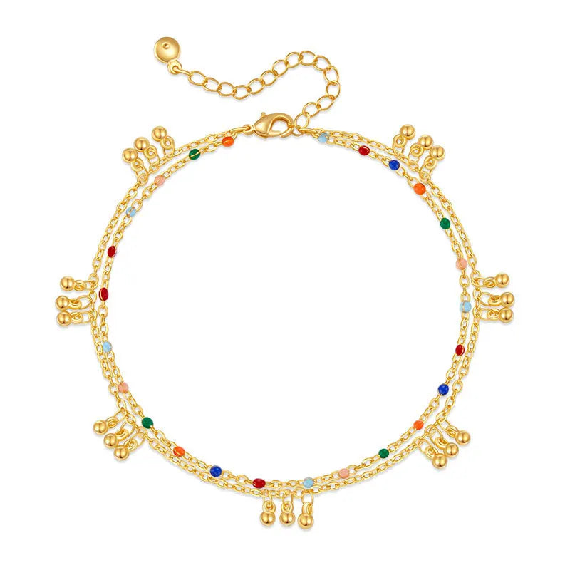 Boho Double Layer Beaded Anklet - 18K Gold Plated Minimalist Summer Foot Chain