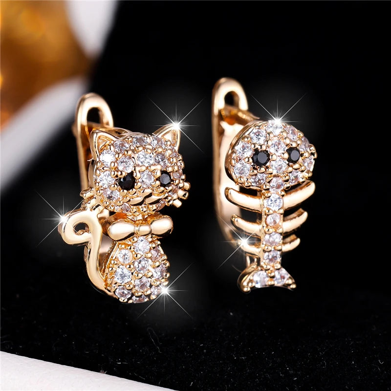 Luna Cat & Fish Zircon Hoop Earrings – Playful Gold-Plated Jewelry