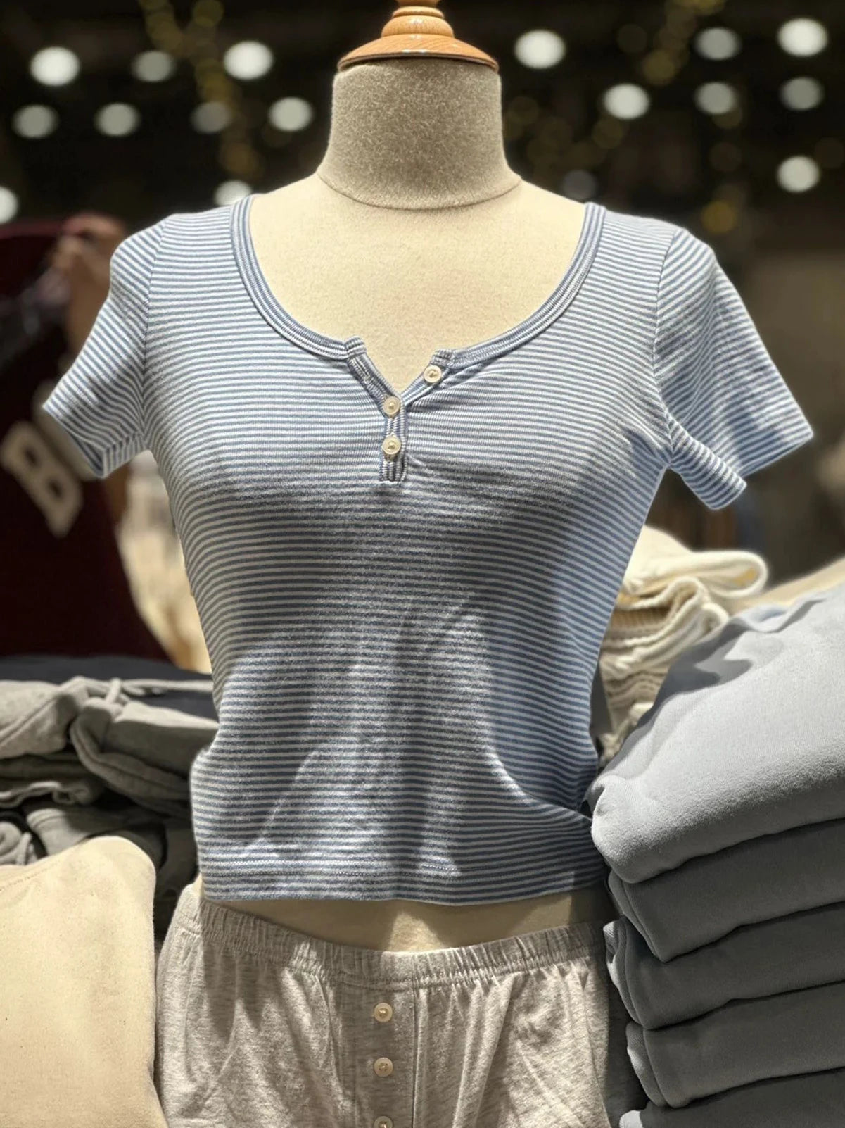 Brooklyn Retro Striped Crop Top – Y2K Ribbed Button Henley Tee