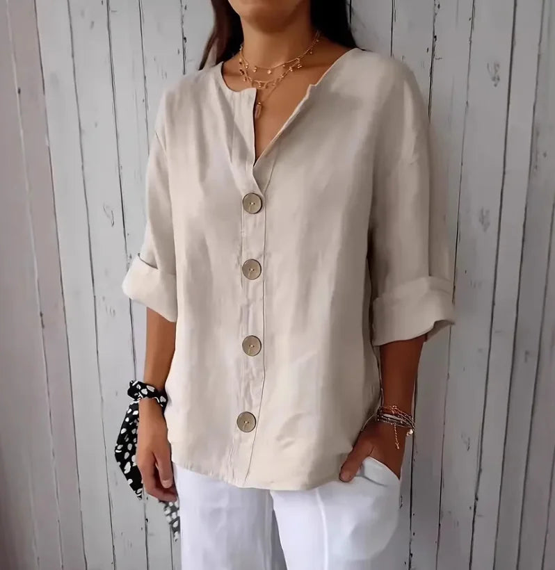 Casual Linen-Blend V-Neck Blouse - Elegant Summer Shirt