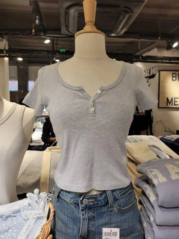 Brooklyn Retro Striped Crop Top – Y2K Ribbed Button Henley Tee