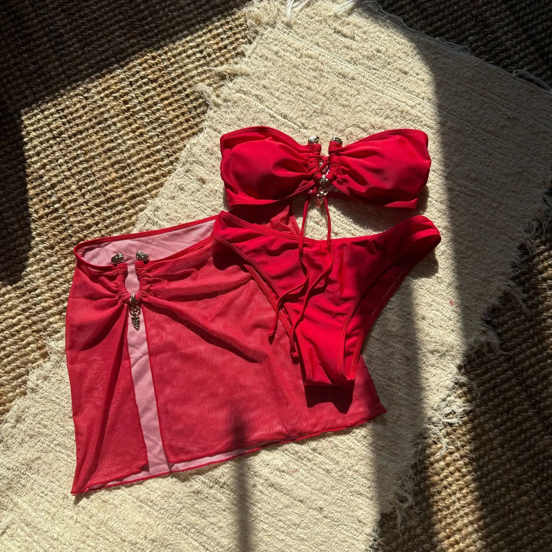 Aura 3-Piece Bandeau Bikini Set with Matching Mesh Skirt