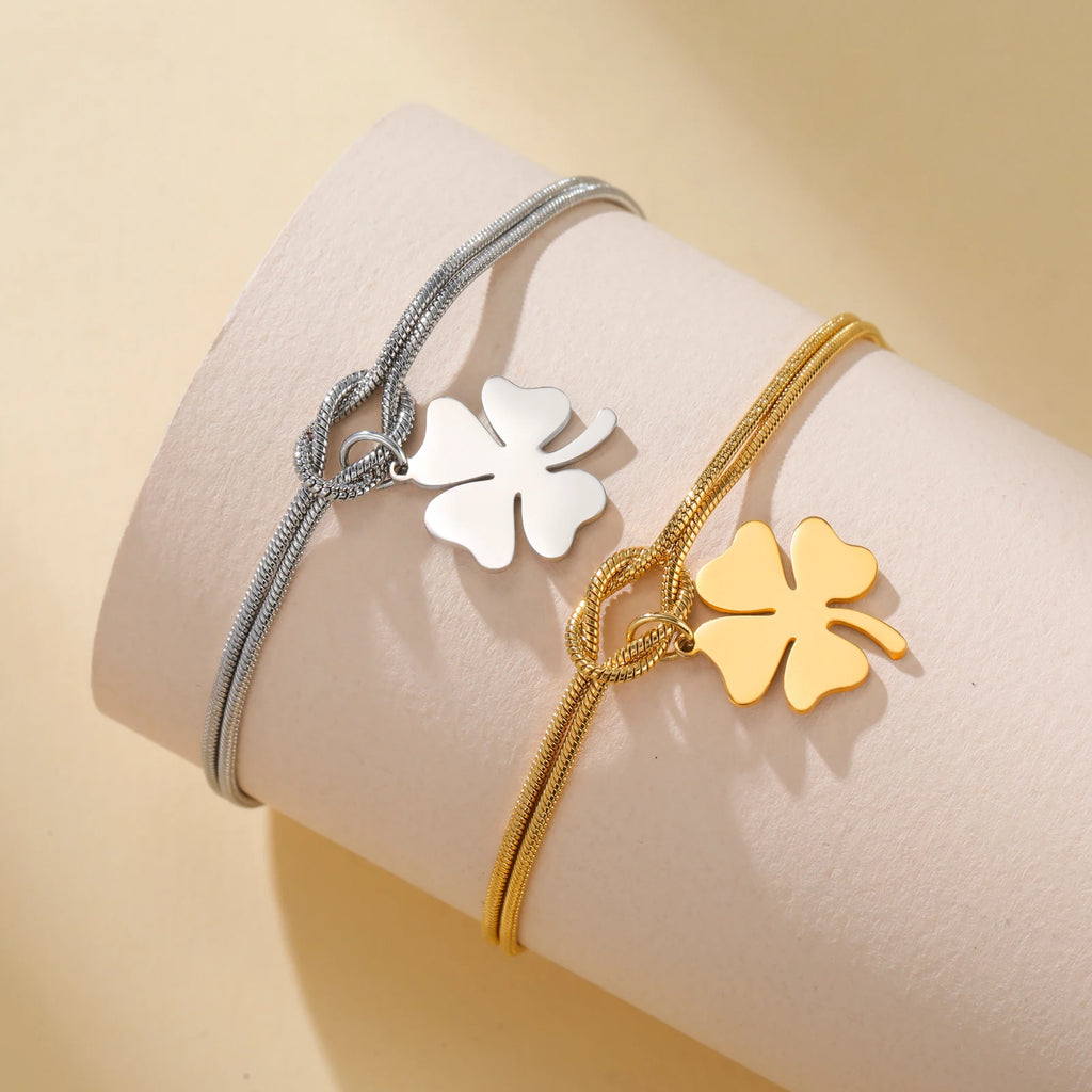 The "Aura Clover" Stainless Steel Bracelet – Lucky Four-Leaf Charm Snake Chain
