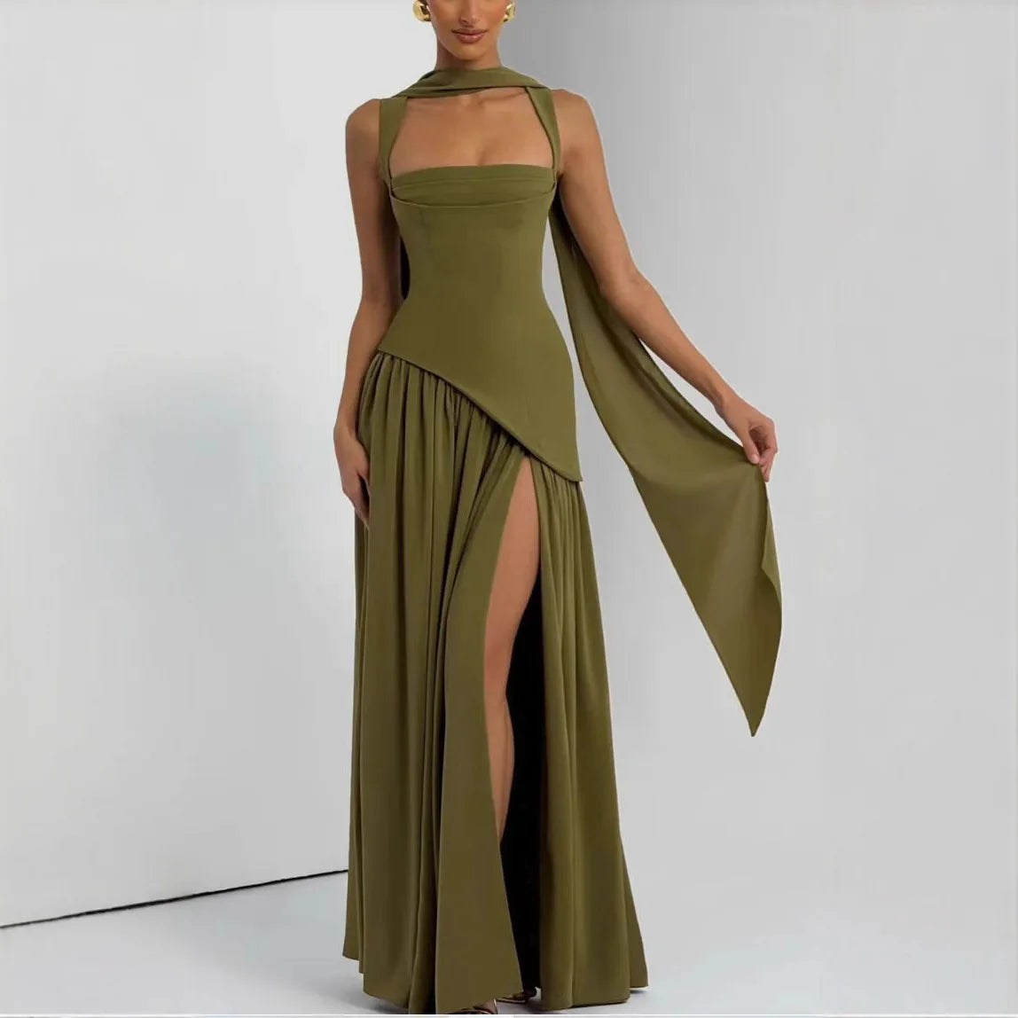 Elegant Olive Green Flowy Maxi Dress with Scarf