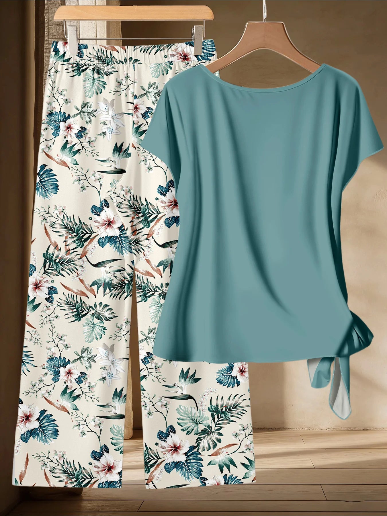 Summer Tropical Two-Piece Set - Casual Twist Top & Wide-Leg Pants