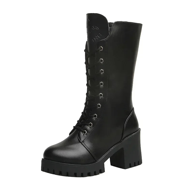 Lace-Up Platform Boots - Chunky Heel Winter Style