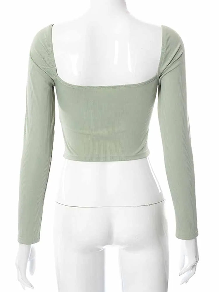 Siren Aura Crop Top – Elegant Hollow-Out V-Neck Long Sleeve